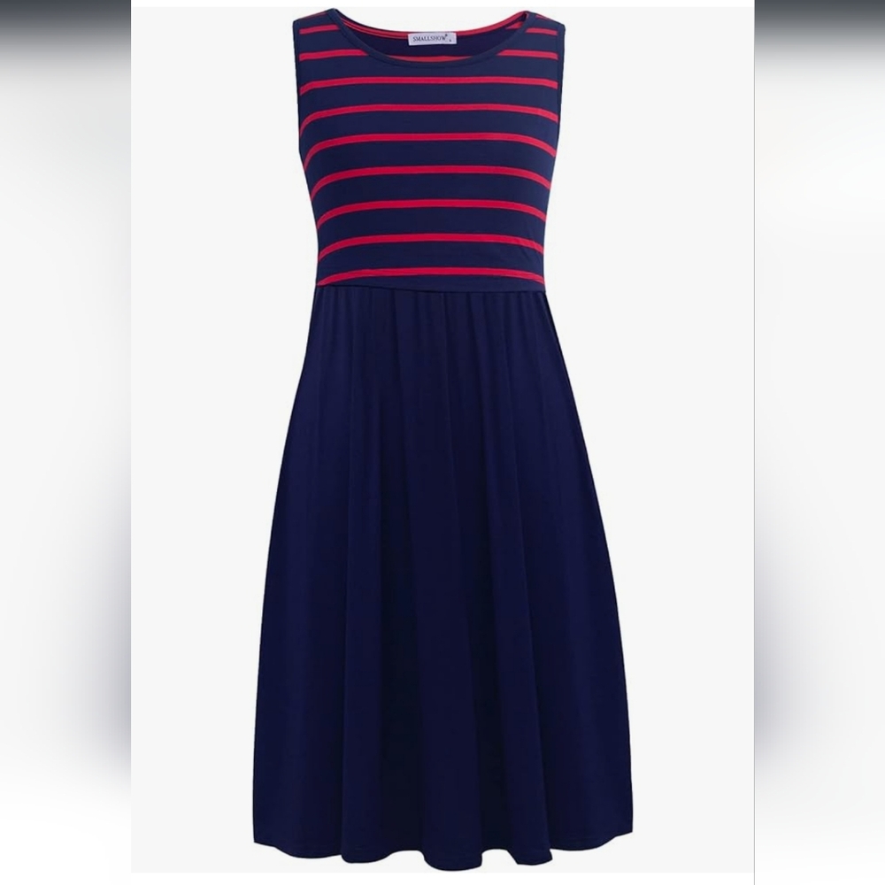 2/$15! Sleeveless Nursing Dress, Navy With Red Stripes, Medium